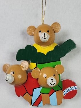 Wooden Teddy Vintage Trio Hanging Wooden Christmas Ornament Brown, Green, Red